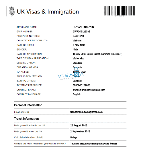 Mẫu thông tin tờ khai visa Anh đi du lịch visana