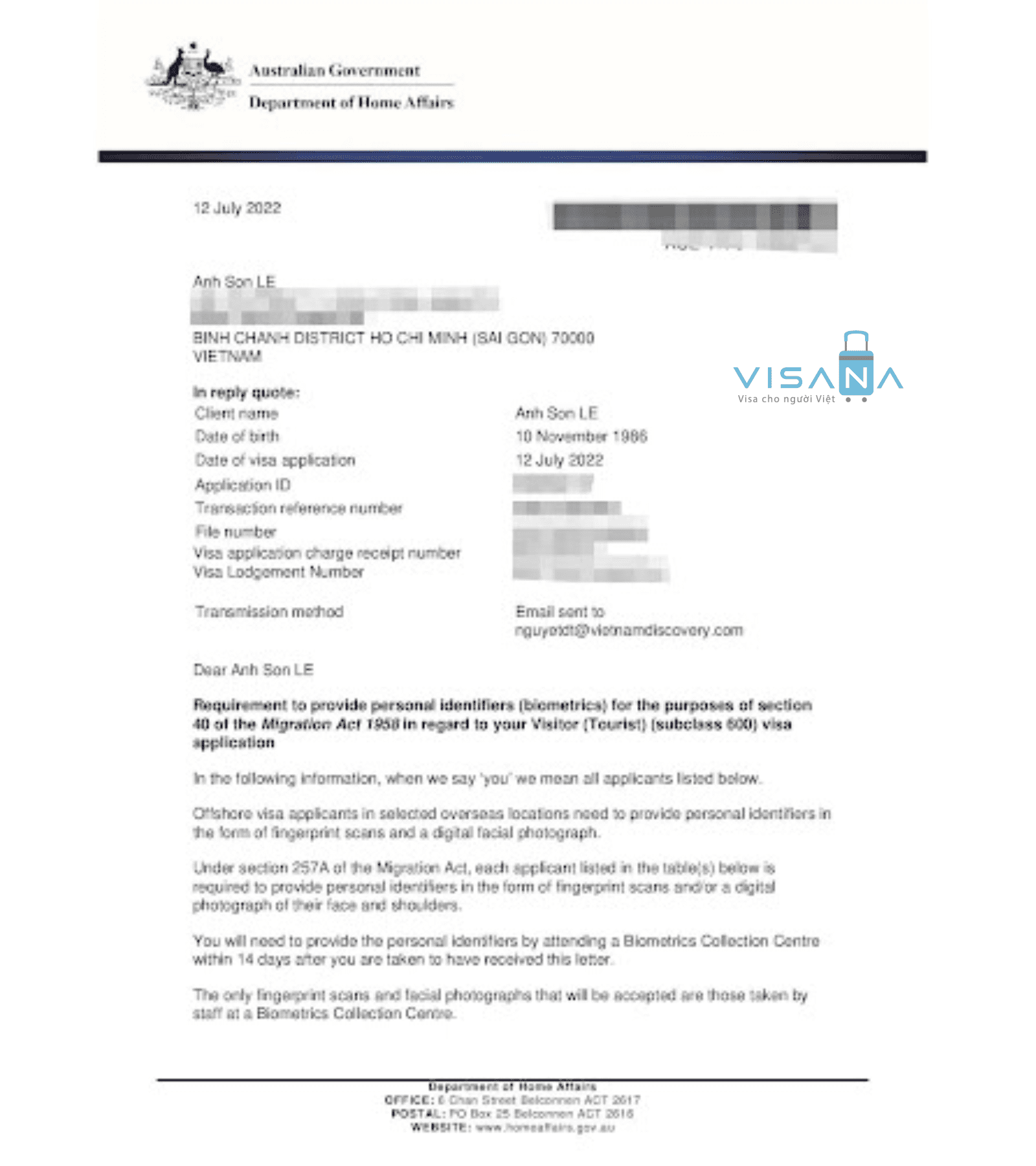 Mẫu thư yêu cầu cung cấp sinh trắc học của Úc visana