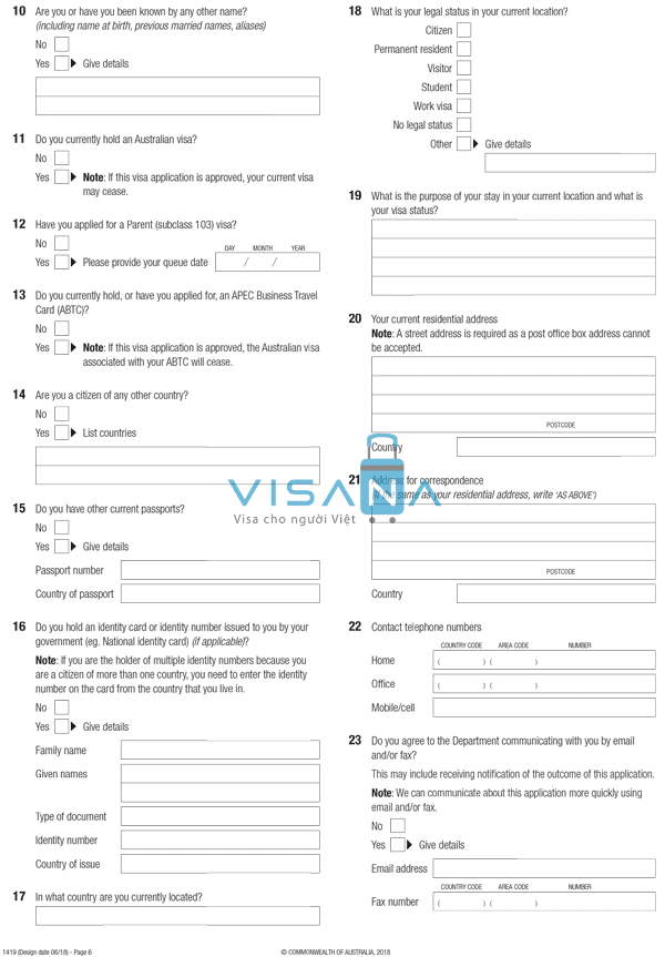tờ khai xin visa úc form 1419 part a visana