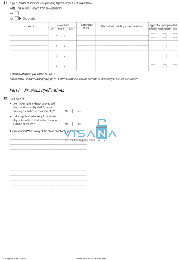 tờ khai xin visa úc form 1419 part i visana