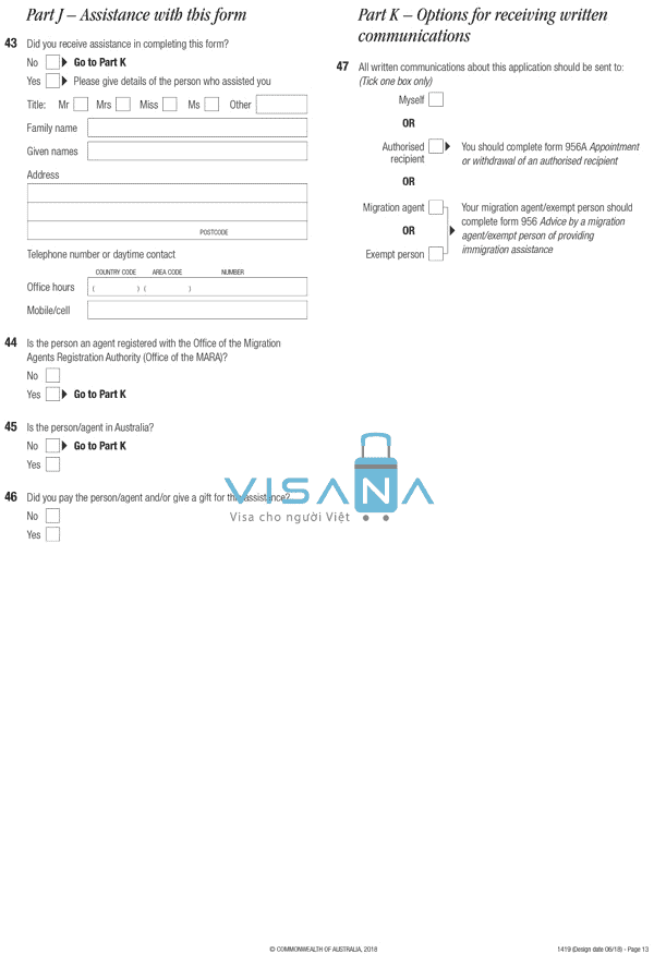 tờ khai xin visa úc form 1419 part j visana
