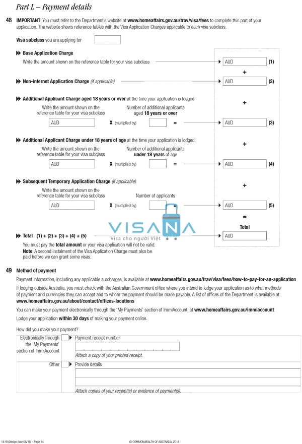 tờ khai xin visa úc form 1419 part l visana