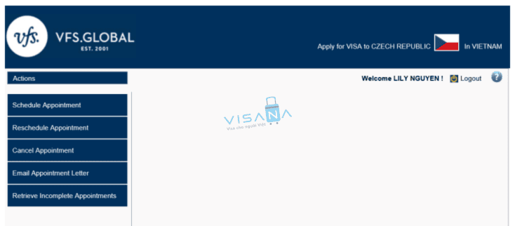 đặt lịch hẹn xin visa séc visana3
