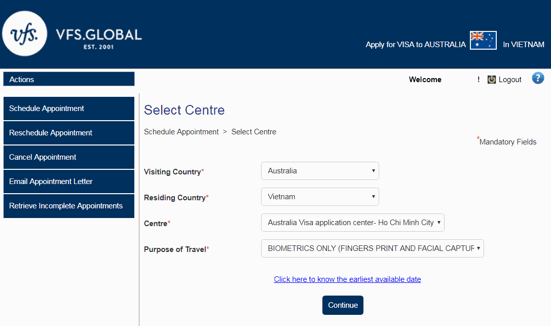 Thủ tục & Kinh nghiệm xin visa Úc 600 | Cadeton Blog 16 Đặt lịch hẹn online xin visa Úc - bước 6 - Visana