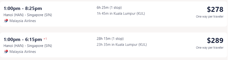 Vé máy bay đi Singapore một chiều hãng Malaysia Airlines từ Hà Nội - Visana