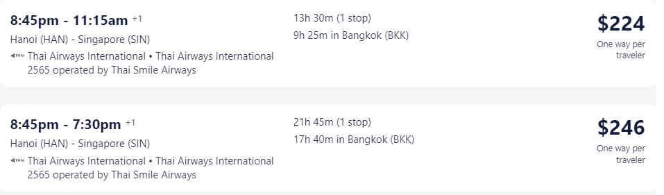 Vé máy bay đi Singapore một chiều hãng Thai Airways International từ Hà Nội - Visana