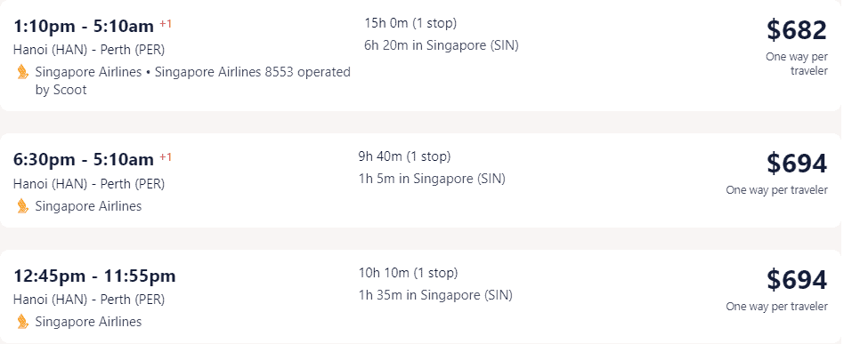 Vé máy bay đi Úc - Perth hãng Singapore Airlines từ Hà Nội - Visana