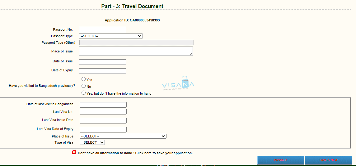 giấy thông hành điền đơn xin visa Bangladesh trực tuyến visana
