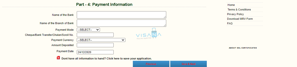 thông tin thanh toán điền đơn xin visa Bangladesh trực tuyến visana