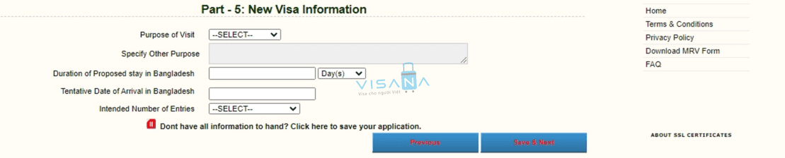 visa mới điền đơn xin visa Bangladesh trực tuyến visana