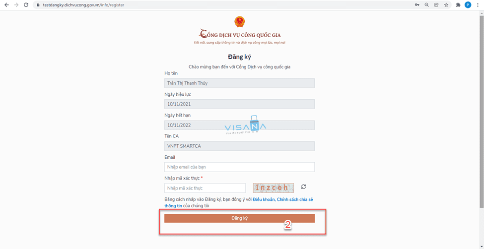 Người dùng xác nhận ký số bằng mã PIN visana